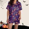 ZYXTIM Halloween Pajamas Women 2Pc Pumpkin Skull Ghost Print Silk Satin Sleepwear Short Sleeve Button Tops and Shorts Pjs Sets Nightwear A-Dark Blue view 2