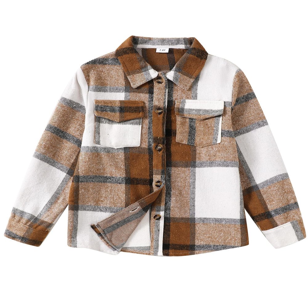 YOURUIKEY Girls Long Sleeve Flannel Shirts Button Down Plaid Jackets Collared Pockets Blouses Tops Fall Winter Clothes 13-14 Light Brown
