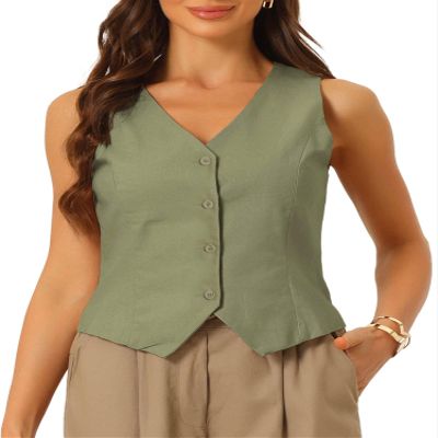 Allegra K Vest Waistcoat for Women's Fashion Sleeveless Button Down V Neck Crop Top Summer Vest Medium Green