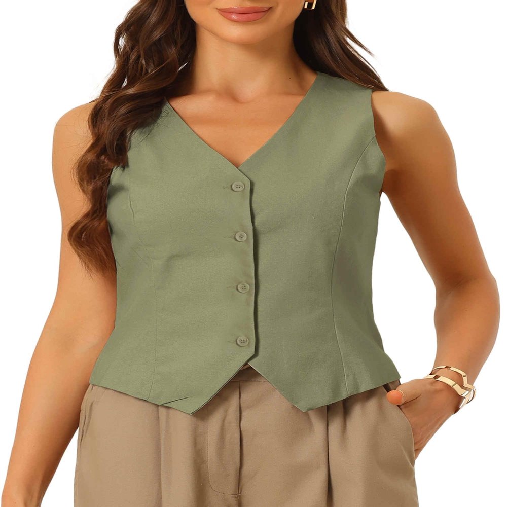 Allegra K Vest Waistcoat for Women's Fashion Sleeveless Button Down V Neck Crop Top Summer Vest Medium Green