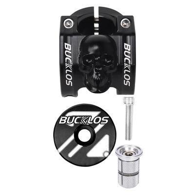 BUCKLOS Skull 31.8mm MTB Stem 35mm Mountain Bike Handlebars Short Stems & Black Aluminium Alloy Headset Top Cap and Expander Plug