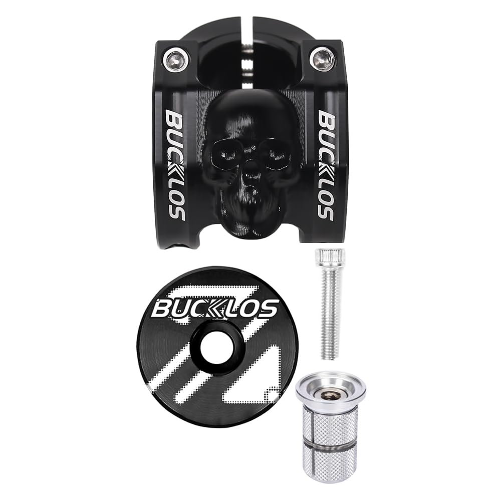 BUCKLOS Skull 31.8mm MTB Stem 35mm Mountain Bike Handlebars Short Stems & Black Aluminium Alloy Headset Top Cap and Expander Plug