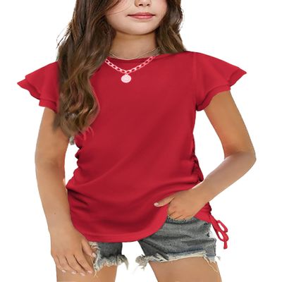 Arshiner Girls Short Sleeve Tops Ruffle Short Sleeves Summer Crewneck Cute Clothes for Girls Ruched Knot Side Kids Shirts Red 9-10 Years