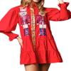 Women's Sequin Christmas Nutcracker Dress Sparkly Long Ruffle Sleeve Button Down Lapel Neck Mini Shirt Dresses,Red,XX-Large view 2