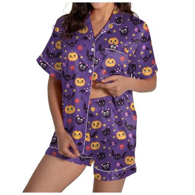 ZYXTIM Halloween Pajamas Women 2Pc Pumpkin Skull Ghost Print Silk Satin Sleepwear Short Sleeve Button Tops and Shorts Pjs Sets Nightwear A-Purple