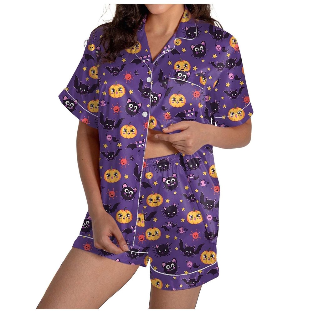 ZYXTIM Halloween Pajamas Women 2Pc Pumpkin Skull Ghost Print Silk Satin Sleepwear Short Sleeve Button Tops and Shorts Pjs Sets Nightwear A-Purple