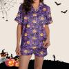 ZYXTIM Halloween Pajamas Women 2Pc Pumpkin Skull Ghost Print Silk Satin Sleepwear Short Sleeve Button Tops and Shorts Pjs Sets Nightwear A-Purple view 3