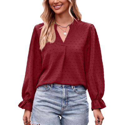 Autumn Jacquard T-Shirt V-Neck Loose Long-Sleeved Umbrella Sleeve top(Red-M)