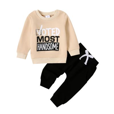 wdehow Toddler Baby Boy 2Pcs Outfits Letters Print Pullover Tops + Drawstring Pants Set Fall Winter Clothes (X-G Beige, 0-6 Months)