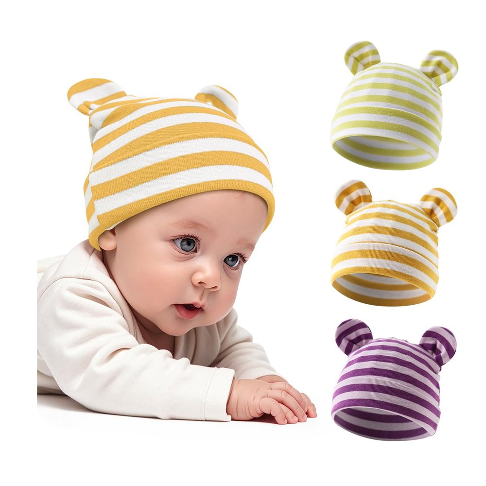 ZURLEFY Cotton Newborn Girl Hats for Unisex, Bear Ears Baby Boy Beanie Hat for Newborn, Infant, Toddler Cap (60-12)