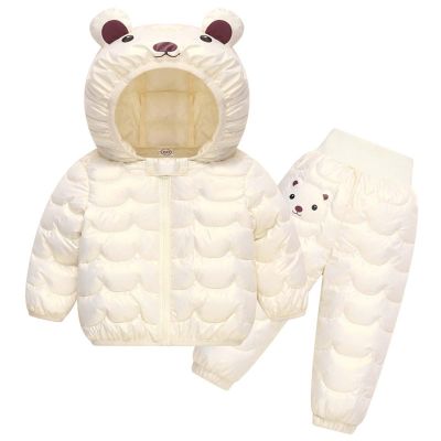 2 Piece Snowsuit Kids Boy Girl Winter Puffer Pants and Puffer Jackets Set Lightweight Cute Bears Down (White, 5-6 Years)