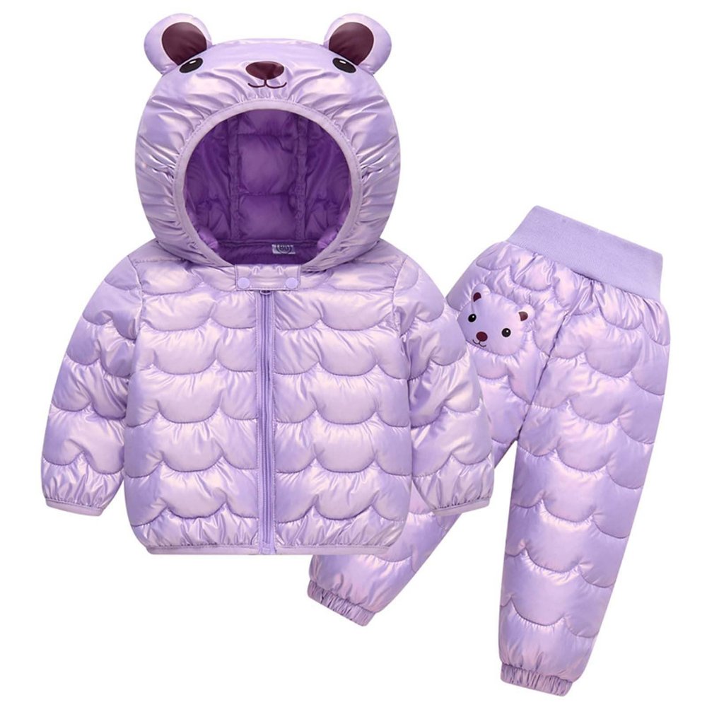 2 Piece Snowsuit Kids Boy Girl Winter Puffer Pants and Puffer Jackets Set Lightweight Cute Bears (Purple, 3-4 Years)