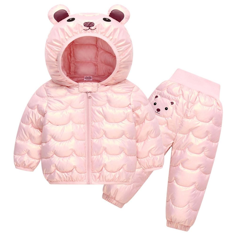 2 Piece Snowsuit Kids Boy Girl Winter Puffer Pants and Puffer Jackets Set Lightweight Cute Bears Down (Pink, 7-8 Years)