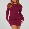 BTFBM Womens Spring Fashion 2026 Long Sleeve Boat Neck Mini Dress Slim Fit Party Club Short Tight Basic Bodycon Dresses(Wine Red, X-Small) view 2