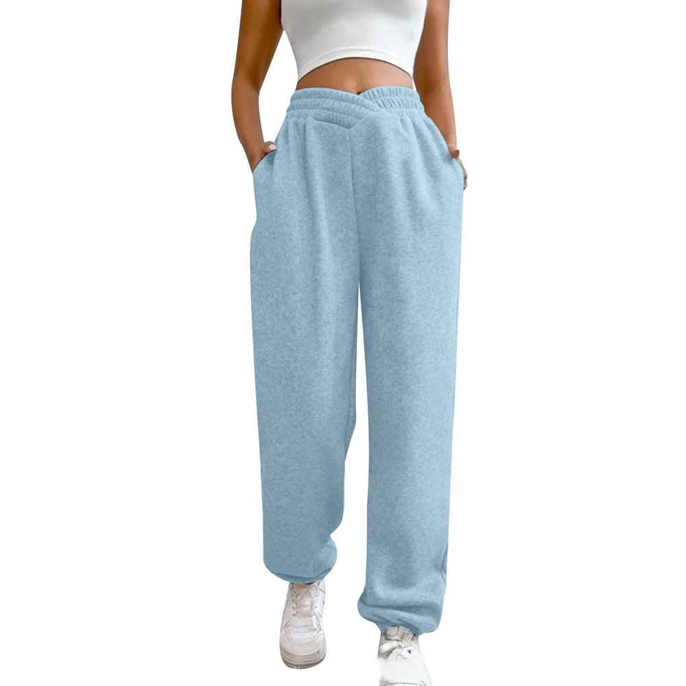 ASHER FASHION Women's Baggy Sweatpants, V Crossover Joggers with Pockets High Waisted Wide Leg Workout Lightweight Sweatpants Sky Blue