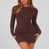 BTFBM Womens Spring Fashion 2026 Long Sleeve Boat Neck Mini Dress Slim Fit Party Club Short Tight Basic Bodycon Dresses(Brown, X-Small) view 2