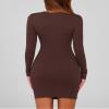 BTFBM Womens Spring Fashion 2026 Long Sleeve Boat Neck Mini Dress Slim Fit Party Club Short Tight Basic Bodycon Dresses(Brown, X-Small) view 3