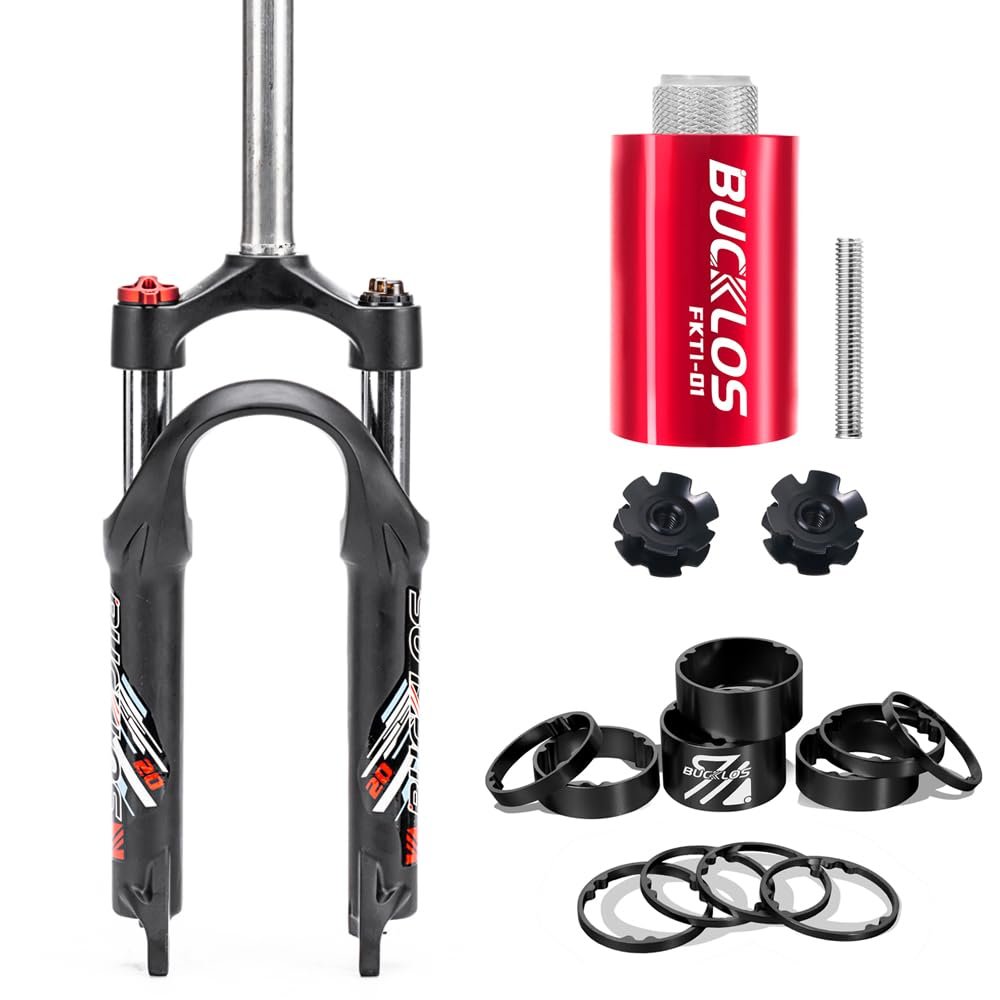 BUCKLOS 20 inch QR 9mm Straight Coil Folding Bike Suspension Fork & Bike Fork Star Nut Setting Install Tool with Star Nuts & 11PCS Aluminium Alloy Spacers Black