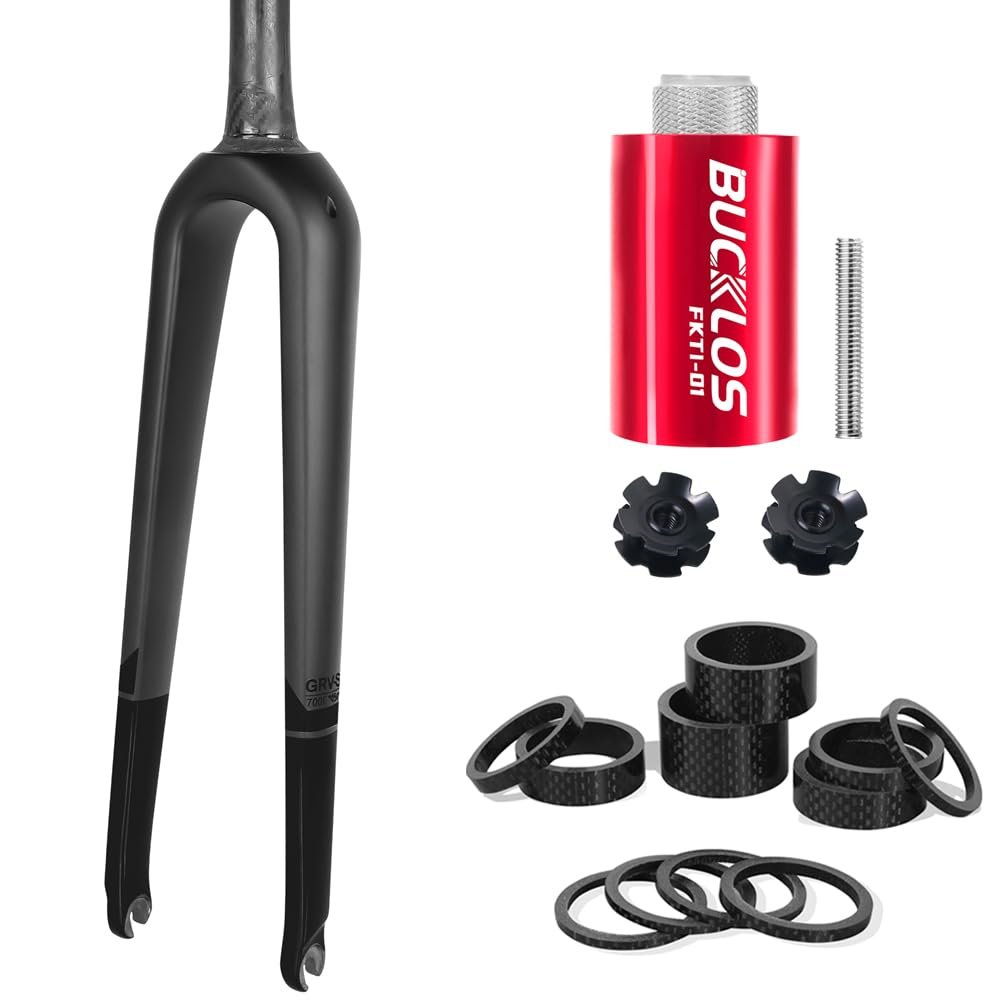 BUCKLOS QR 700c Carbon Fiber Rigid Tapered Road Bike Fork & Bike Fork Star Nut Setting Install Tool with Star Nuts & 11PCS Headset Spacer Bike 1-1/8 Fork Stem Carbon Fiber Washer - 20 15 10 5 3 2