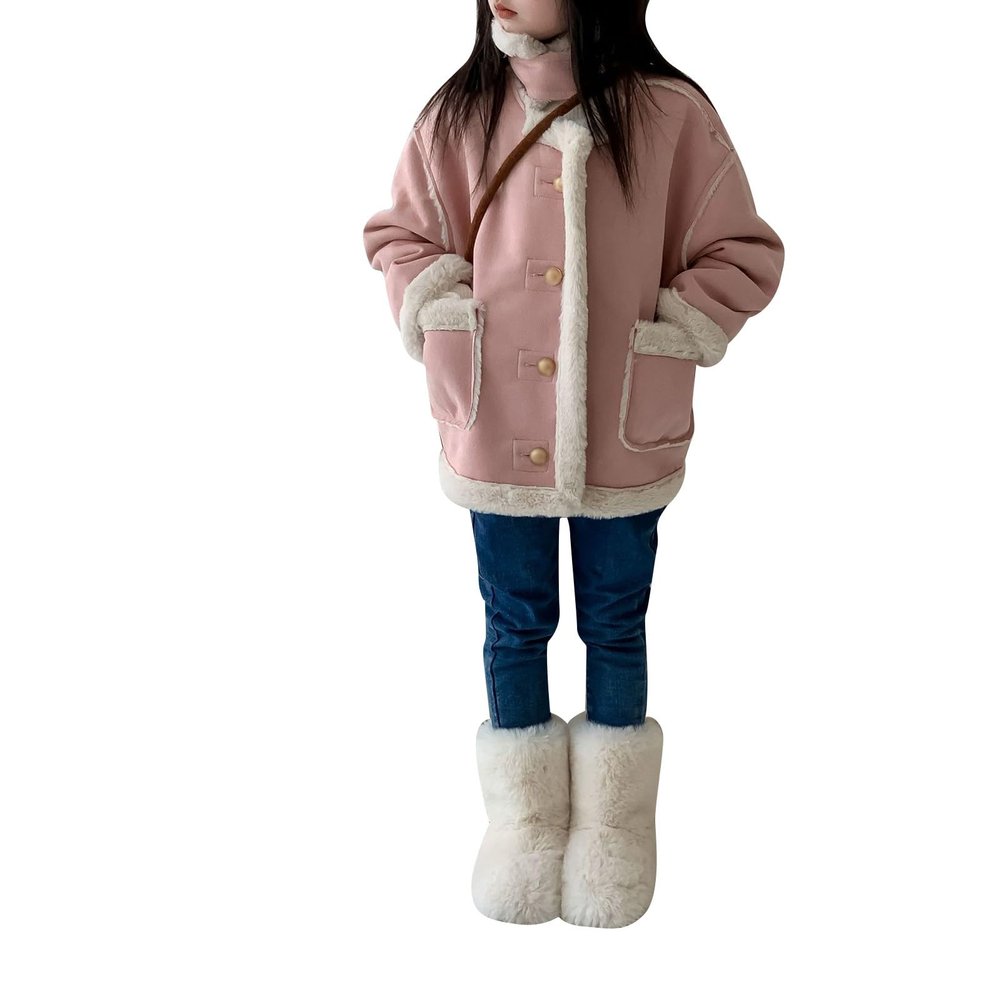 Girls Faux Leather Jacket with Faux Fur Lining Warm Winter Biker Coat Fuzzy Stand Collar Coat (Pink, 11-12 Years)