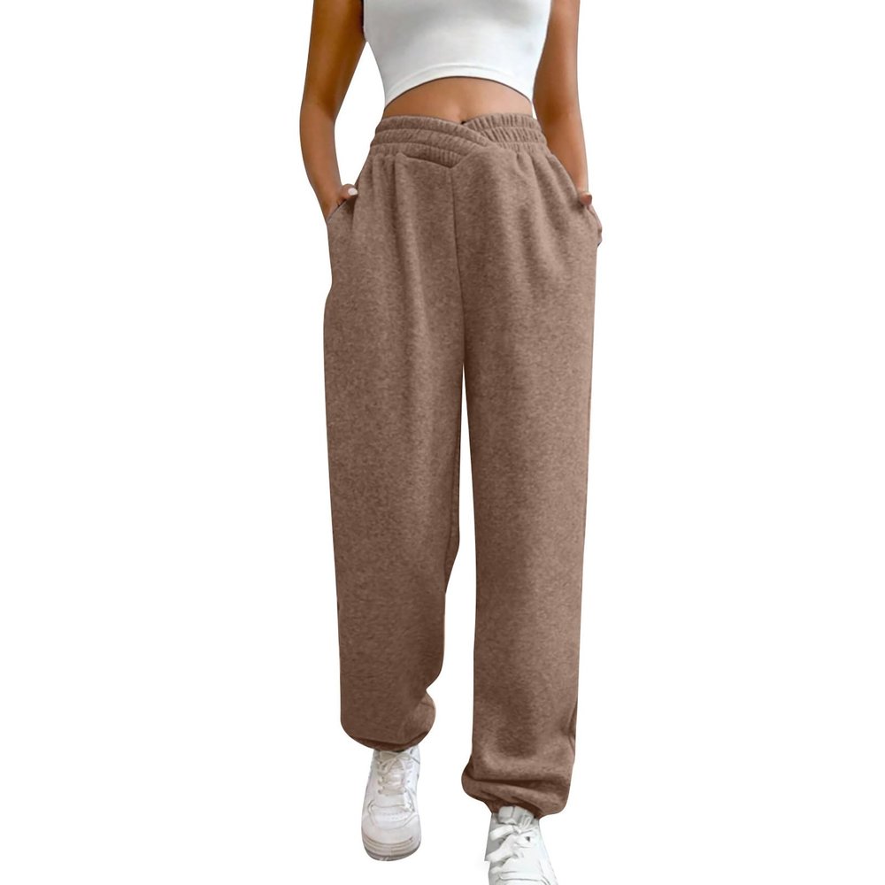 ASHER FASHION Women's Baggy Sweatpants, V Crossover Joggers with Pockets High Waisted Wide Leg Workout Lightweight Sweatpants Camel