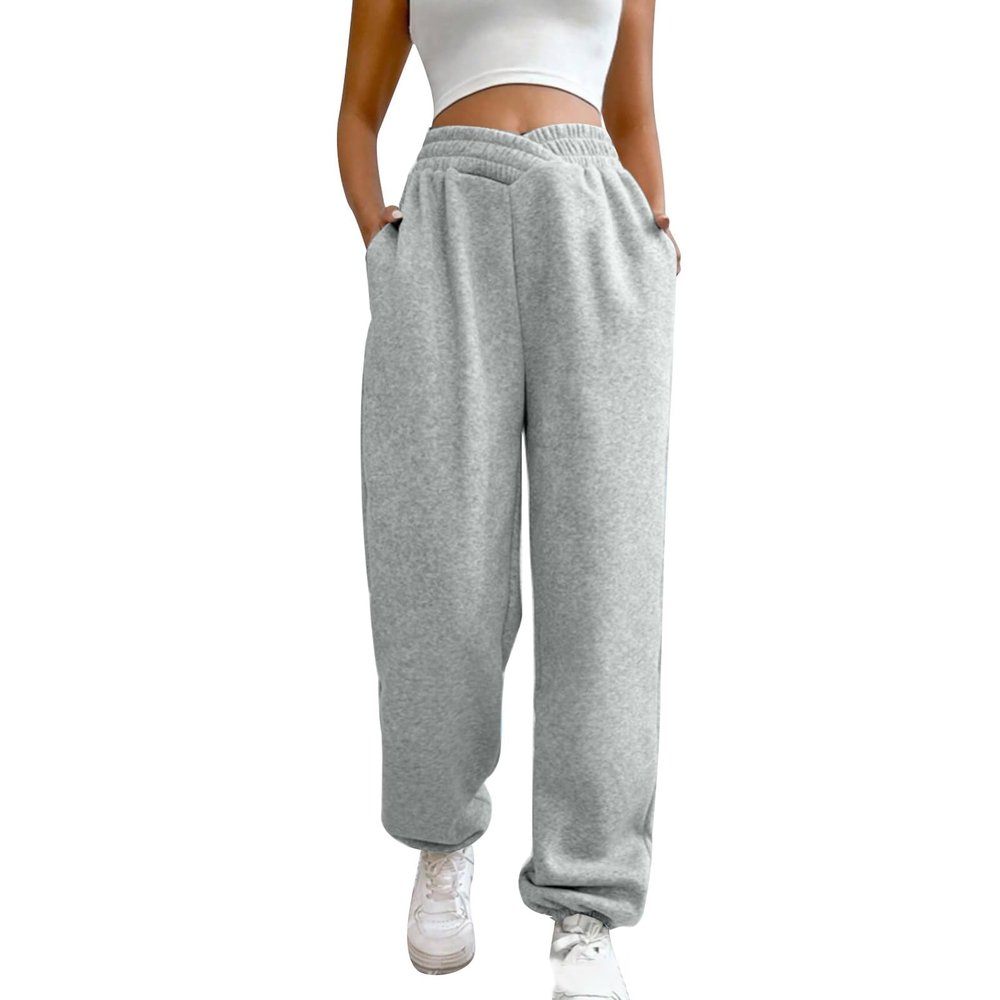 ASHER FASHION Women's Baggy Sweatpants, V Crossover Joggers with Pockets High Waisted Wide Leg Workout Lightweight Sweatpants