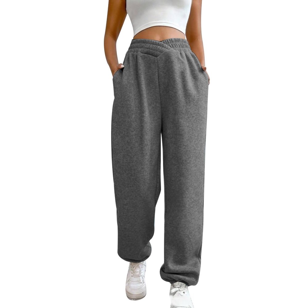 ASHER FASHION Women's Baggy Sweatpants, V Crossover Joggers with Pockets High Waisted Wide Leg Workout Lightweight Sweatpants Dark Grey