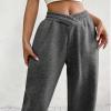 ASHER FASHION Women's Baggy Sweatpants, V Crossover Joggers with Pockets High Waisted Wide Leg Workout Lightweight Sweatpants Dark Grey view 2