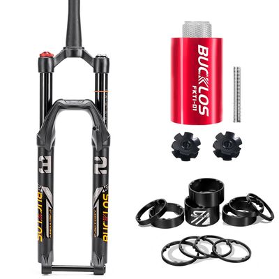 BUCKLOS 26 inch MTB Fork 120 mm Travel, Tapered Rebound Adjust, 15mm100mm Axle Bike Fork & Bike Fork Star Nut Setting Install Tool with Star Nuts & 11PCS Aluminium Alloy Spacers Black