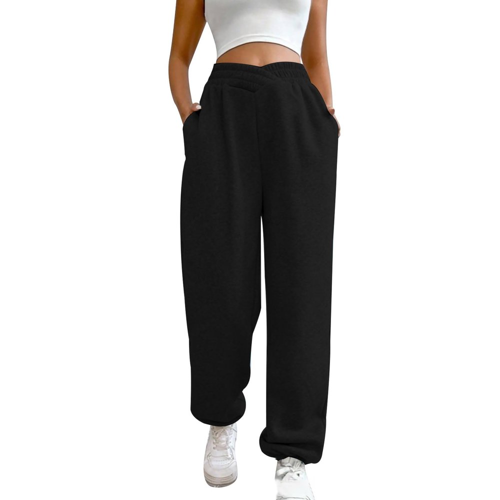 ASHER FASHION Women's Baggy Sweatpants, V Crossover Joggers with Pockets High Waisted Wide Leg Workout Lightweight Sweatpants Black