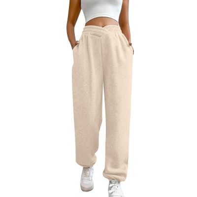 ASHER FASHION Women's Baggy Sweatpants, V Crossover Joggers with Pockets High Waisted Wide Leg Workout Lightweight Sweatpants Apricot