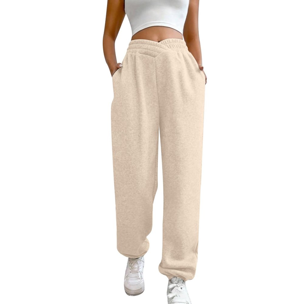 ASHER FASHION Women's Baggy Sweatpants, V Crossover Joggers with Pockets High Waisted Wide Leg Workout Lightweight Sweatpants Apricot