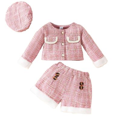 Baby Toddler Girls 3 Piece Outfits Button Front Long Sleeve Tweed Cotton Rim Jacket and Pink (Red, 6-9 Months)