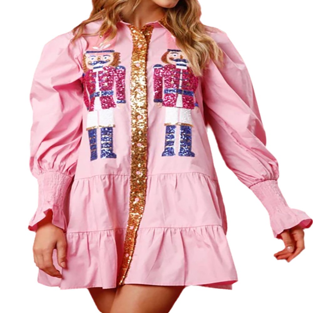 TACSTRUN Women's Sequin Christmas Nutcracker Dress Sparkly Long Ruffle Sleeve Button Down Lapel Neck Mini Shirt Dresses,Pink,Large