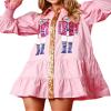TACSTRUN Women's Sequin Christmas Nutcracker Dress Sparkly Long Ruffle Sleeve Button Down Lapel Neck Mini Shirt Dresses,Pink,Large view 2