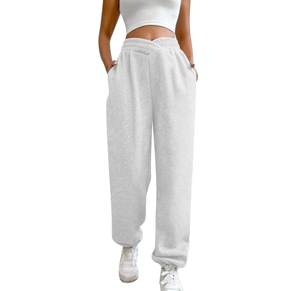 ASHER FASHION Women's Baggy Sweatpants, V Crossover Joggers with Pockets High Waisted Wide Leg Workout Lightweight Sweatpants White