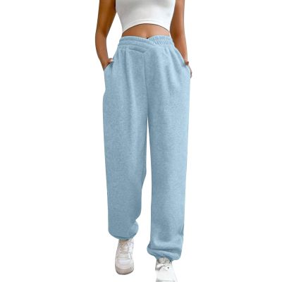ASHER FASHION Women's Baggy Sweatpants, V Crossover Joggers with Pockets High Waisted Wide Leg Workout Lightweight Sweatpants Sky Blue
