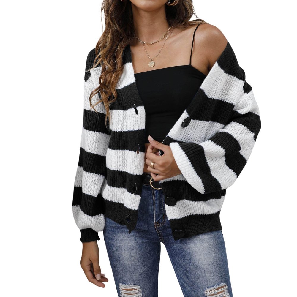 Striped Cardigan Sweaters for Women Lightweight Color Block Long Sleeve Button Down Knit Cardigan Fall 2024 Fashion Casual Loose Cute Y2K Sweater Outwear, C Black, Large