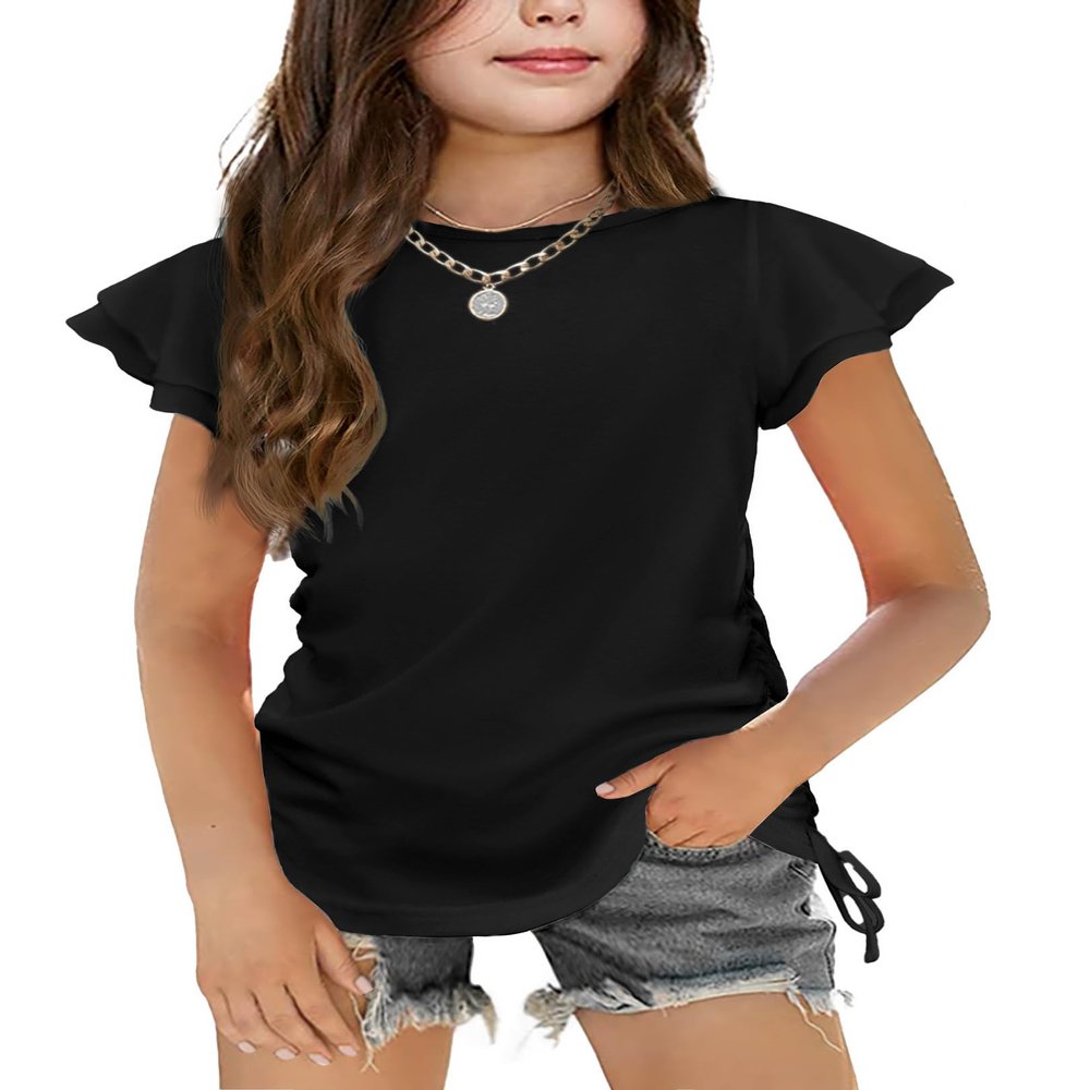 Arshiner Short Sleeve T Shirts for Girls Girls Summer Shirt Ruffle Sleeves Ruched Knot Side Casual Summer Tee Tops Forest Black 11-12 Years