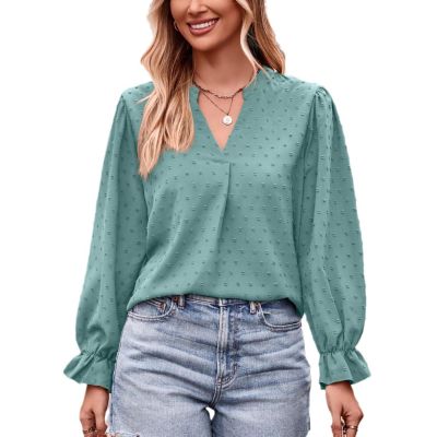 Autumn Jacquard T-Shirt V-Neck Loose Long-Sleeved Umbrella Sleeve top(Green-M)