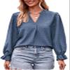 Autumn Jacquard T-Shirt V-Neck Loose Long-Sleeved Umbrella Sleeve top(Green-M) view 3