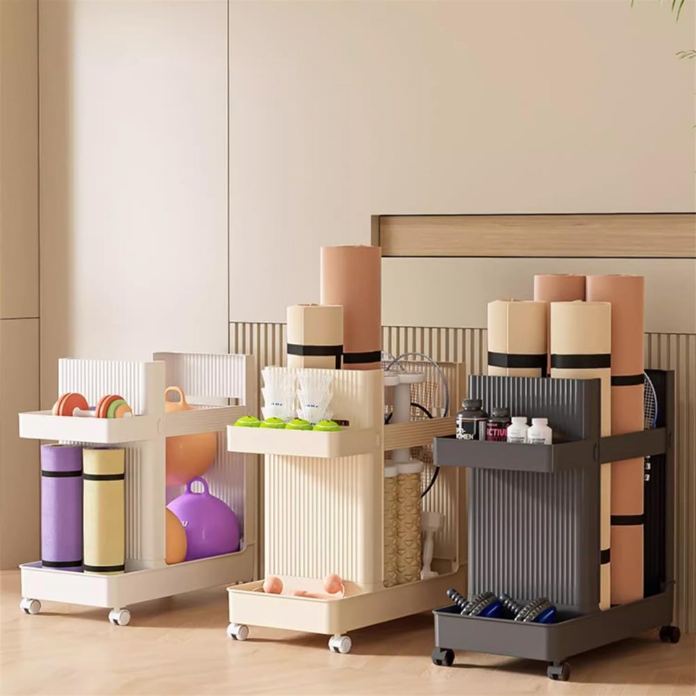 Yoga Mat Holder Storage Cart on Wheels Home Gym Accessories Fitness Equipment Corner Storage Suitable for Yoga Mat/Yoga Block/Foam Roller/Dumbbell/Ball(Beige)