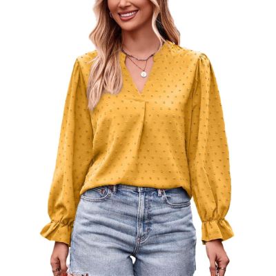 Autumn Jacquard T-Shirt V-Neck Loose Long-Sleeved Umbrella Sleeve top(Yellow-L)