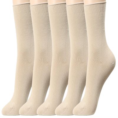 CUSTOMONACO Women's Premium Combed Cotton Socks, Comfortable Bandless Design, Breathable, Soft Everyday Crew Socks, 5Pairs (Beige)