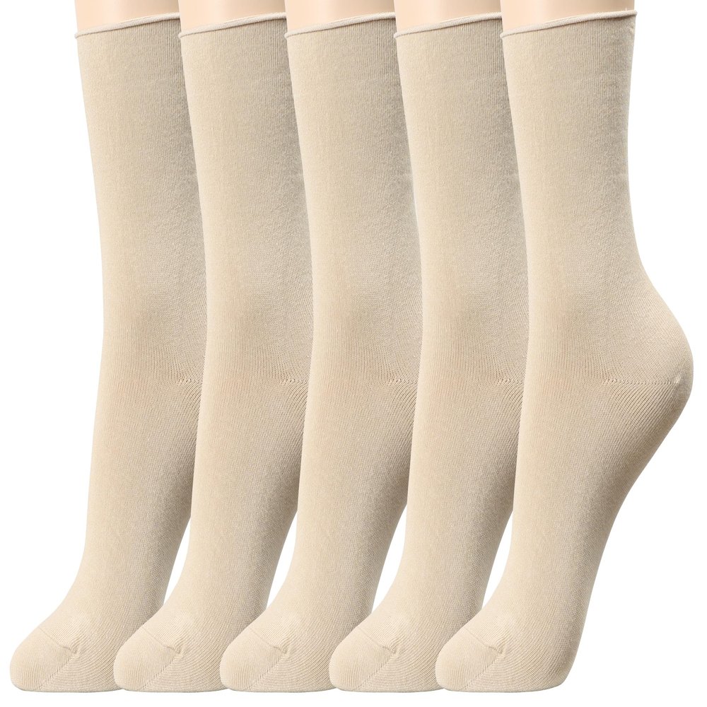 CUSTOMONACO Women's Premium Combed Cotton Socks, Comfortable Bandless Design, Breathable, Soft Everyday Crew Socks, 5Pairs (Beige)