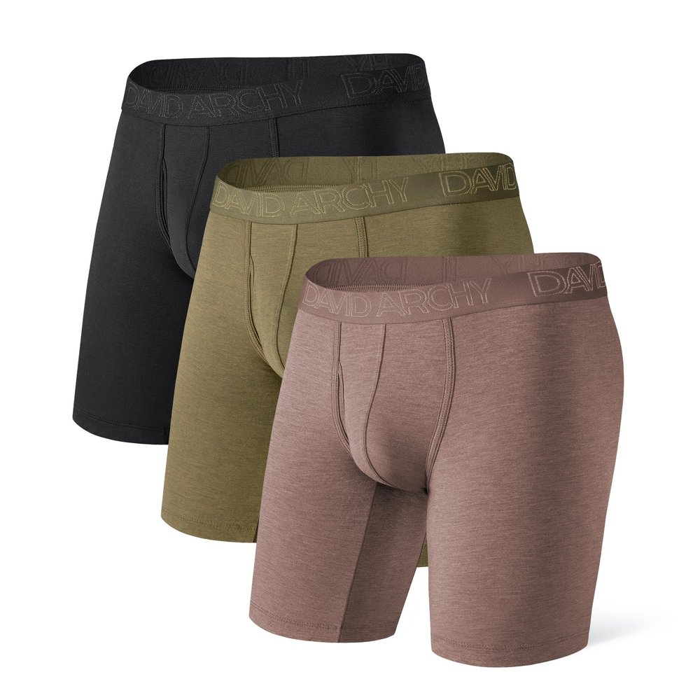 DAVID ARCHY Men's Underwear Stretch Soft Boxer Briefs Breathable with Fly Long Leg Performance Underwear for Men 3 Pack (XL, Black/Dark Brown/Olive Green - 8" in 3 Pack)