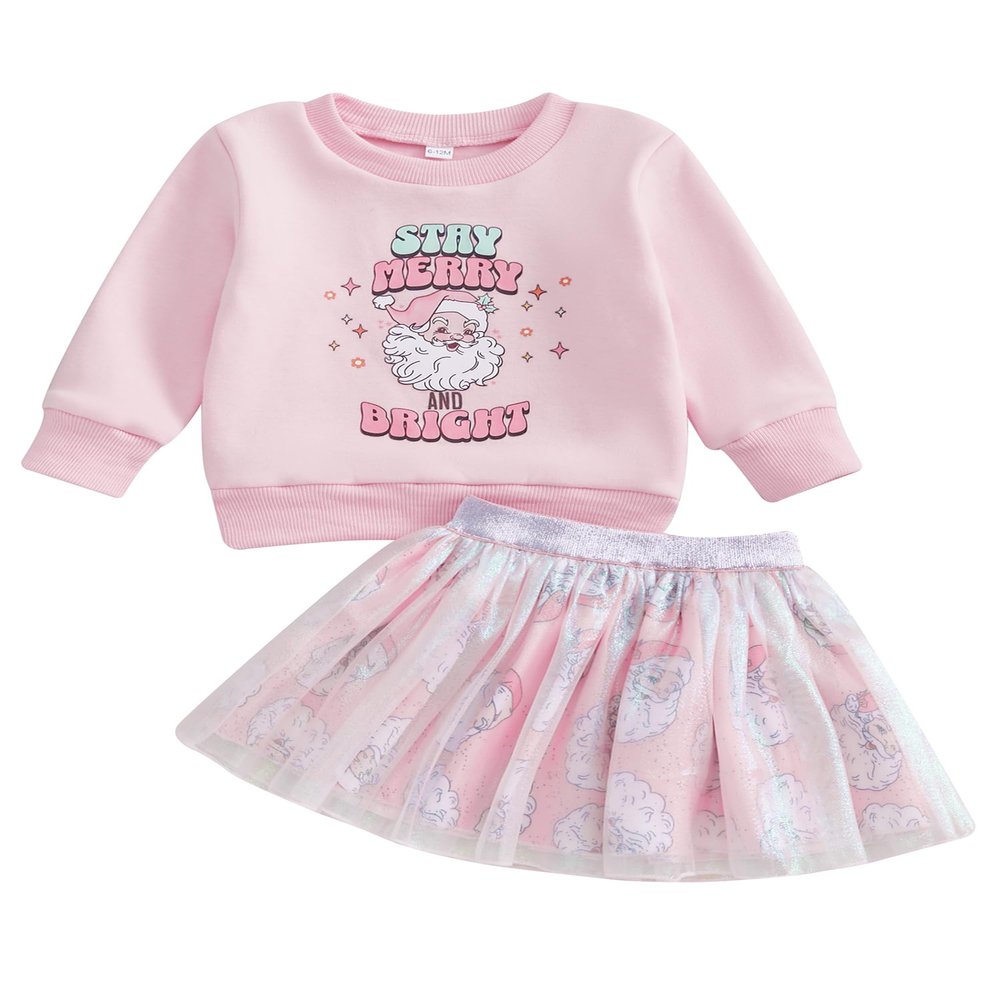 Aifawile Toddler Kids Baby Girl Christmas Outfits Santa Print Crewneck Sweatshirt Tops Tutu Skirts Set Fall Winter Clothes (06- Santa Pink, 3-4 Years)