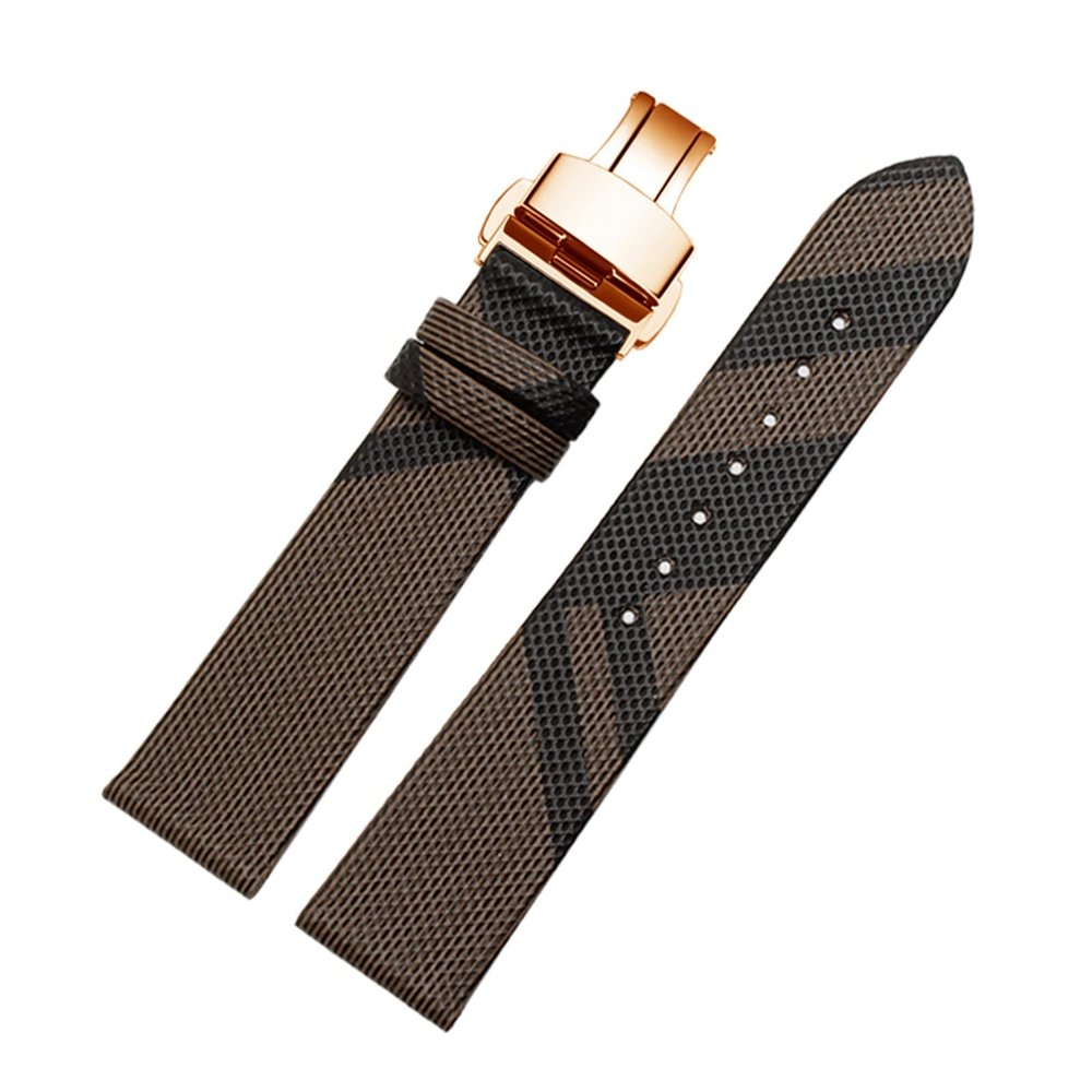 HUOJUA Plaid Pattern Leather+PU Strap 12 14 16 18 20 22mm Black Brown Bracelet Compatible With BU19384 Men And Women Watch Chain(Brown rose gold B,20mm)