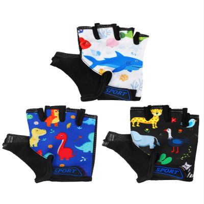 Boao 3 Pairs Kids Half Finger Bike Gloves,Dinosaur,8-12 Years
