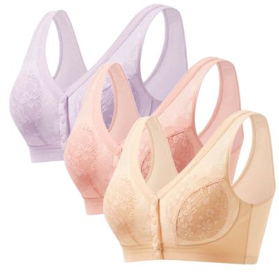 3 Pack Womens Pure Cotton Comfort Front Snap Lace Close Seamless Builtup Sport Cozy Bra (US, Cup Band, B, 34, Pink/Beige/Purple)